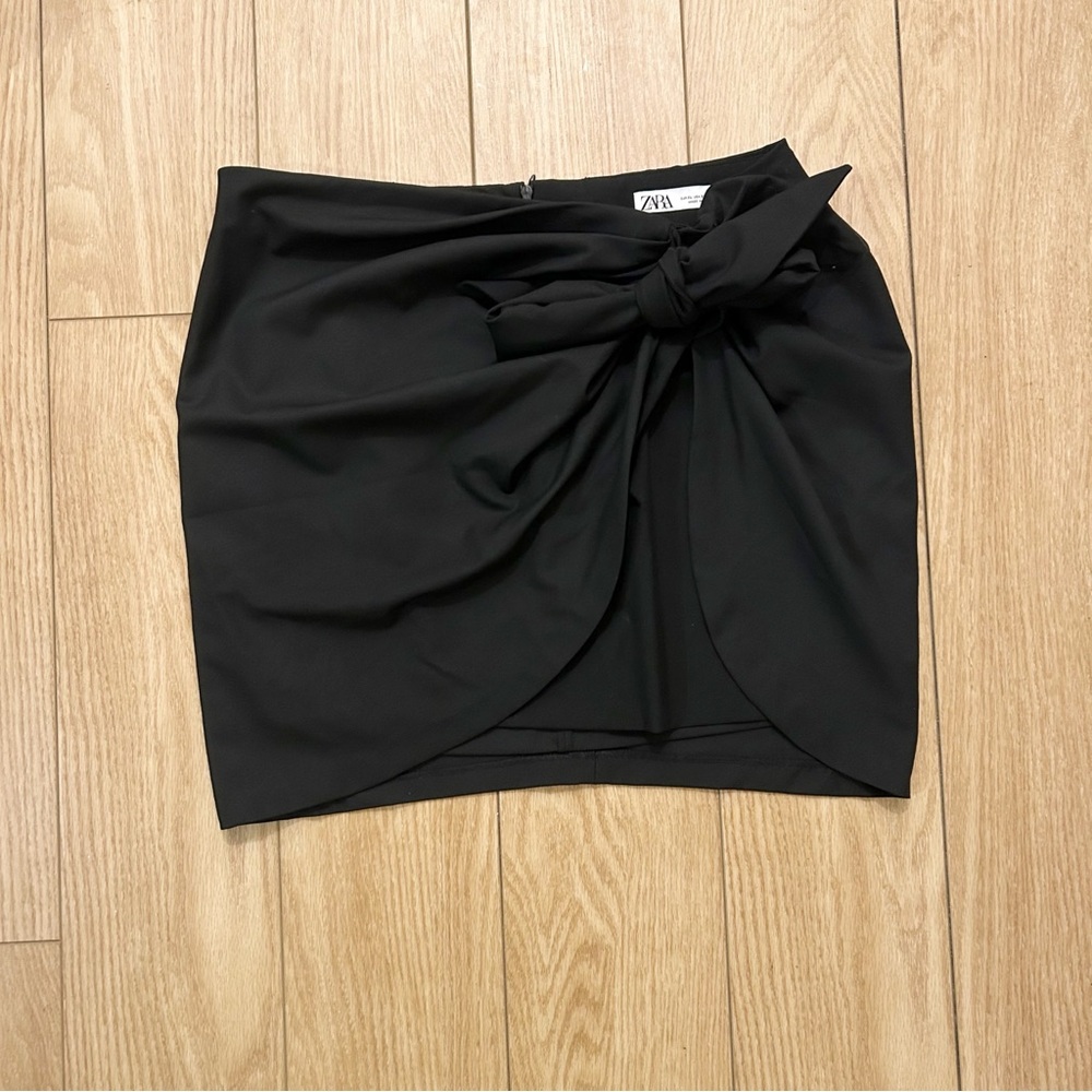 Zara Black Wrap Tied Mini Bodycon Skirt Chic Knotted Asymmetrical Bow Size XL